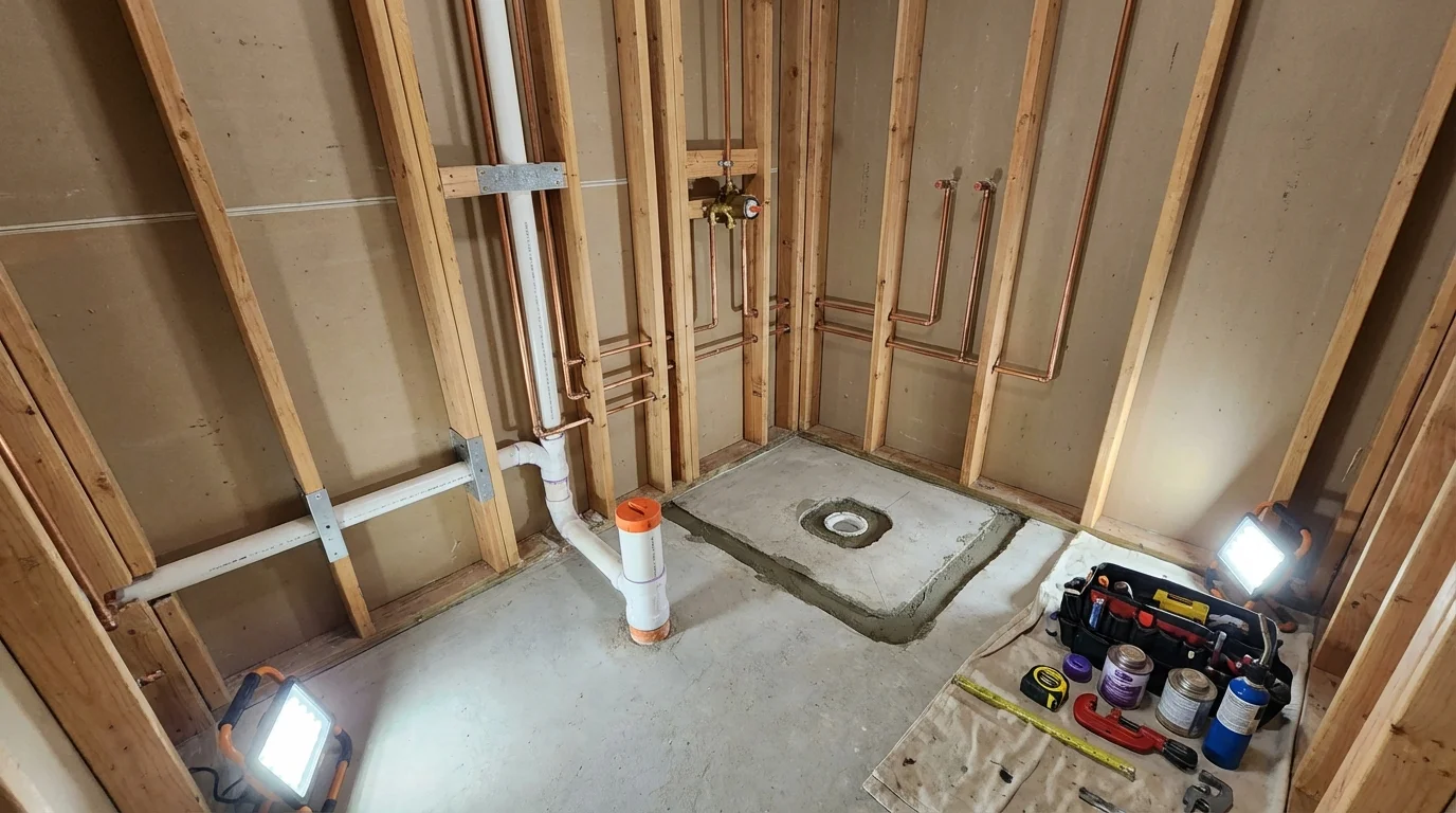 Bathroom rough-in plumbing during remodel by Johns Plumbing LLC in Crossville