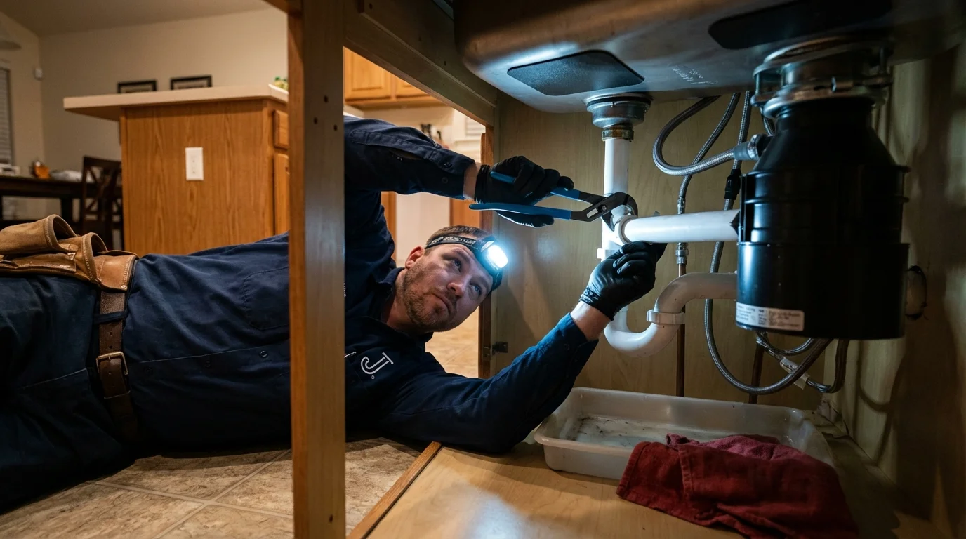 P-trap and supply line connections under a kitchen sink showing a common leak point in Crossville, TN